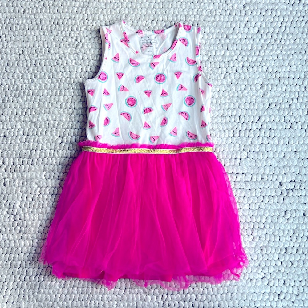Girls' Pink Watermelon Print Tank Dress with Hot Pink Tulle Skirt